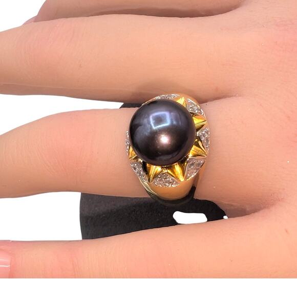 925 Sterling Gold Vermeil Purple Pearl & Diamond Accent Statement Ring Size 6.75 - Picture 4 of 6